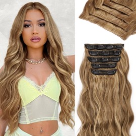 KooKaStyle Hair Extensions 5PCS Long Wavy Upgrate Invisible Full Coverage Edges Seamless Clip in Extensions for Women 20 Inch Honey Blonde Mix Brown Synthetic Natural Hairpieces