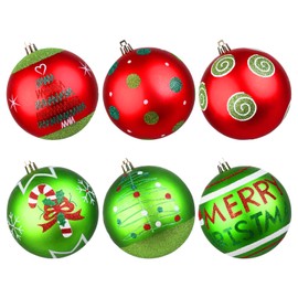 6Pcs 4" Large Outdoor Christmas Ornaments, Xmas Tree Elf Swirl Ball Decoration, Big Red Green Christmas Ornament, Giant Glittering String Ball Plastic Hanging Decor for Lawn Yard Holiday Party