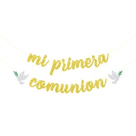 Mi Primera Communion Banner, Spanish Baby Baptism Banner, First Holy Communion Decoration, Christening Baby Shower/Birthday Party Decorations Gold & Silver Glitter