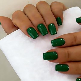 SXVME Uñas postizas cortas a presión, color verde bosque, con pegamento, brillantes, sencillas, cuadradas, de gel suave natural para mujer, reutilizab