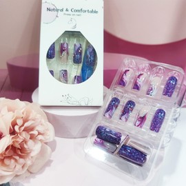 Purple Curve Line Press on Nails Glossy Red Gradient Stick on Nail Starry Sky Fake Nails 24Pcs Medium Square Acrylic Full Cover False Nail Rhinestones Gel Glue on Fingernails for Holiday Manicure Art