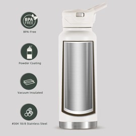 IDEUS Vacuum Insulated Water Bottle, 40 Oz (1140 ml) Stainless Steel Double Wall Flask Metal Sports Canteen with Leak-Proof Screw Cap (White)