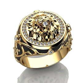 Koguxuix Iced Out Lion Head Ring for Men Gothic Roaring Lion Ring Norse Viking Lion Animal Ring 18K Gold Plated Vintage Lion Rings Retro CZ Crystal Diamond Punk Rock Bling Lion Rings(12)