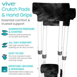 Vive Premium Hand Grips & Crutch Pads - Comfortable, Breathable, Machine Washable Padding - Moisture Wicking & Odor Reducing Pillow Accessory Covers for Adult & Youth Walking Crutches