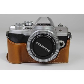 E-M10 Mark IV Case, BolinUS Handmade PU Leather Half Camera Case Bag Cover Bottom Opening Version for Olympus OM-D E-M10 Mark IV with Hand Strap (Brown)