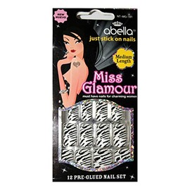 Abella (1) Set Miss Glamour Pre-Glued Nail Set Just Stick On - 12 Medium Length Nails Per Set - Black & White Zebra Stripes #NT-MG-101