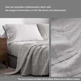 Simple&Opulence 100% Linen Sheet Set with Embroidery Stone Washed - 3 Pieces (1 Flat Sheet & 1 Fitted Sheet & 1 Pillowcase) Natural Flax Soft Bedding Breathable Farmhouse - Light Grey, Twin Size