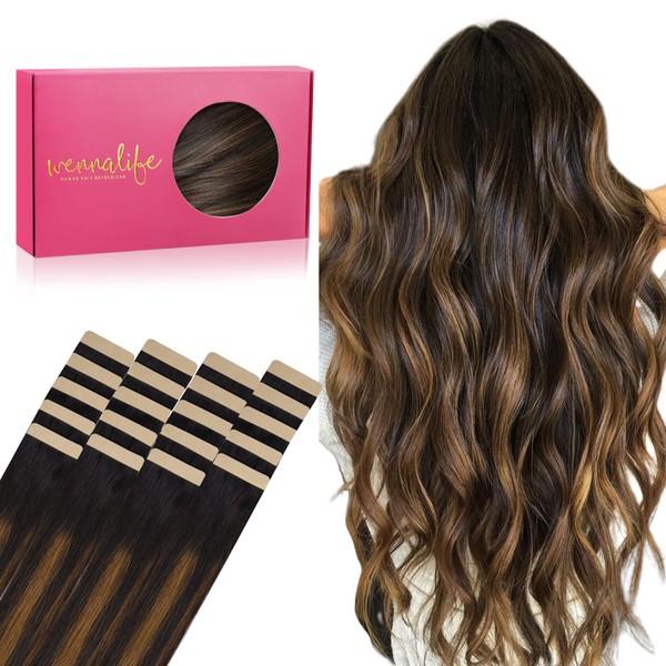 WENNALIFE Tape in Hair Extensions Human Hair, 20pcs 30g 10 inch Balayage Natural Black to Chestnut Brown Remy Hair Extensions Straight Human Hair Tape in Extensions Skin Weft Tape Extensions