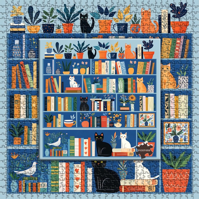 Cat Bookshelf Puzzle for Adults 1000 Pieces, Kitty Book Puzzle