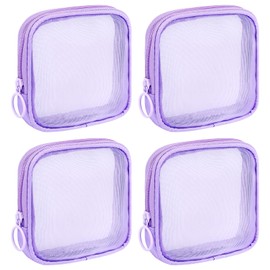 Sinzip 4 Pieces Mini Zipper Nylon Mesh Pouch, Mesh Cosmetic Bags Makeup Bags, Multipurpose Travel Toiletry Bags for Office Supplies and Travel Accessories (Purple, S)