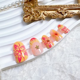 24Pcs Pink Flower Press on Nails Short Almond Fake Nails with Gold Star Gold Beads Designs French Tip False Nails Kit Summer Floral Acrylic Nail Tips Full Cover Stick on Nails for Women