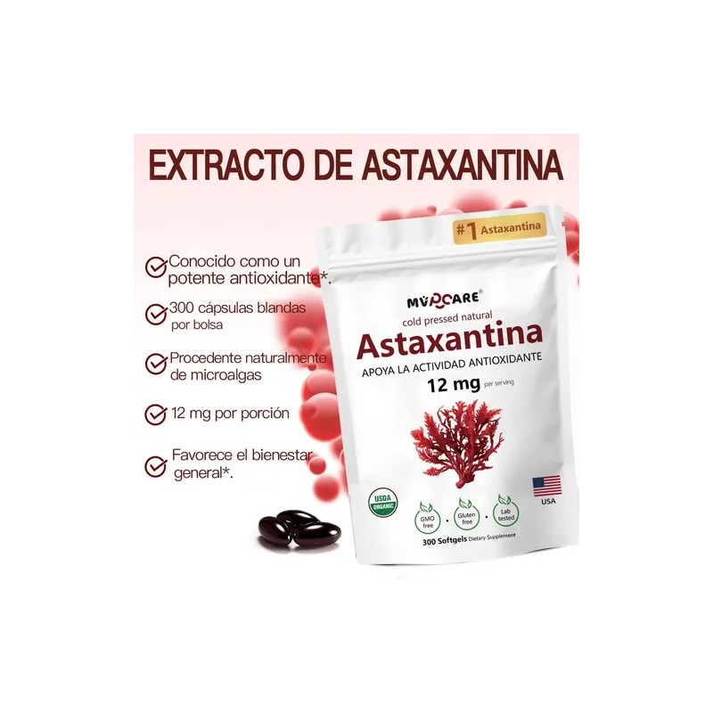 Astaxantina 12mg 300 Cápsulas Blandas Antioxidante Sin Sabor