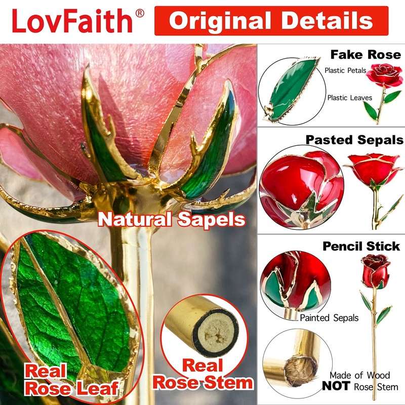LovFaith Valentine Gift Real Rose Dipped 24K Gold with Crystal