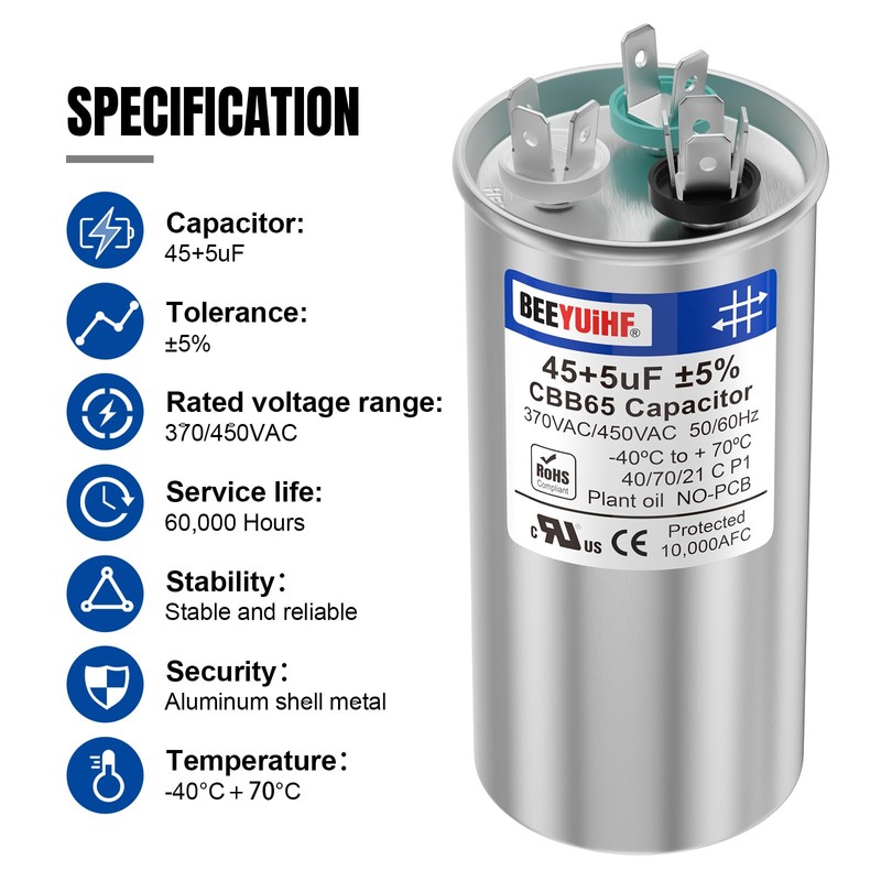 BEEYUIHF 45+5uF ±5% 45/5 MFD 370/440/450V AC 50/60Hz CBB65 Capacitor