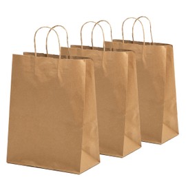 FMP Brands 100 Pack 10x5x13 Inches Kraft Paper Gift Bags with Handles Bulk, Durable Brown Paper Bags for Party Favors, Craft Gift Bag for Birthday Packaging, Small Business and Shopping Lunch