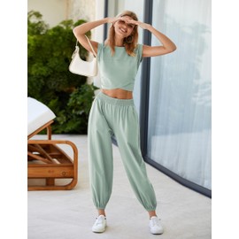 Seetaa Womens 2 Piece Sweatsuits Sets Casual Workout Cropped Tee Top High Rise Sweatpants Athletic Tracksuits(Teal-S)