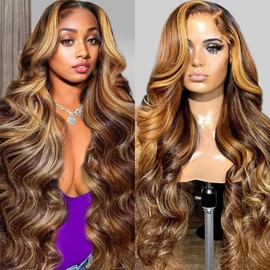 Sunelk 32 Inch Ombre Lace Front Wigs Human Hair Highlight Wig Human Hair 200% Density 4/27 Honey Blonde Body Wave Lace Front Wigs Human Hair Pre Plucked 13x6 HD Lace Frontal Glueless Wig for Women