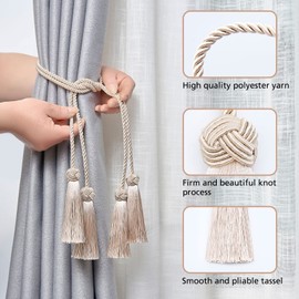 Pretty Jolly 4 Pack Double-ended Tassel Curtain Tiebacks Handmade Braided Rope Knot Drape Tie Backs European Style Decorative Curtain Holdbacks for Home & Office Window Drapery (Dark Beige)
