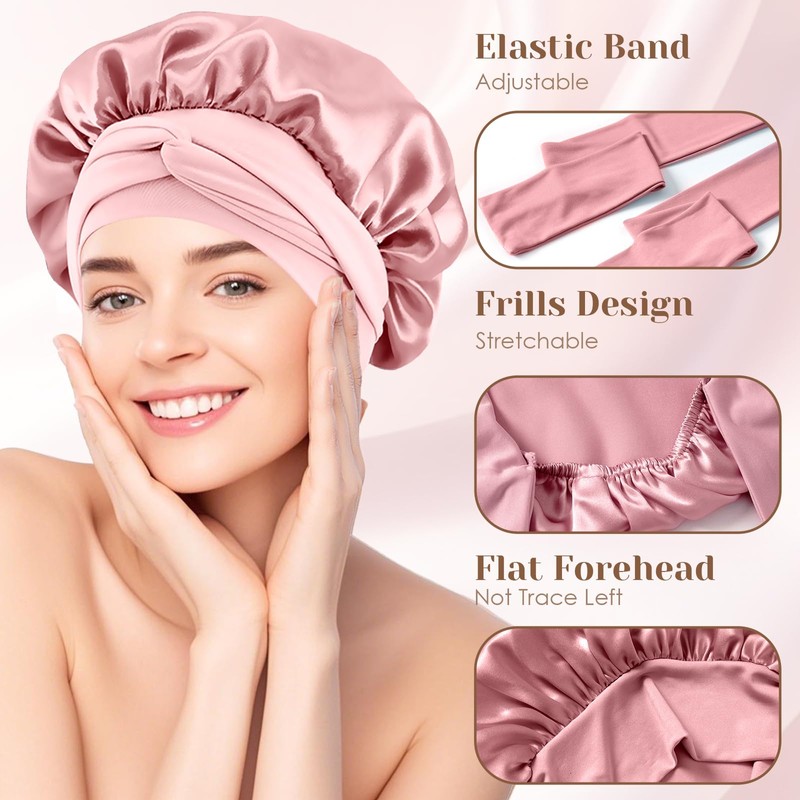 Pink Mulberry Silk Sleep Cap with Elastic Band, Non-Slip Headwear,