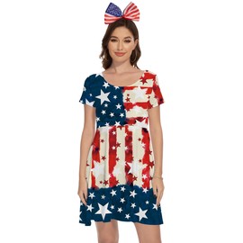 TMSD Womens Memorial Day Outfits American Star Stripes Flag Short Sleeve A-line Dress Patriotic Flag XXL