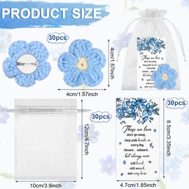 30 Sets Knitted Forget Me Not Brooch Badges with Memorial Poem Cards & Organza Bags Funeral Favour Keepsakes Gifts for Guests Celebration of Life Sympathy Remembrance Presents