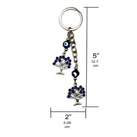 LUCKBOOSTIUM 2 Sacred Tree Charm with Blue Crystal & 2 Evil Eye Beads Keychain Ring - Sign of Protection, Good Luck & Blessing - Home, Bags & Car Rear View Mirror Hanging Accessories (2” x 5”)