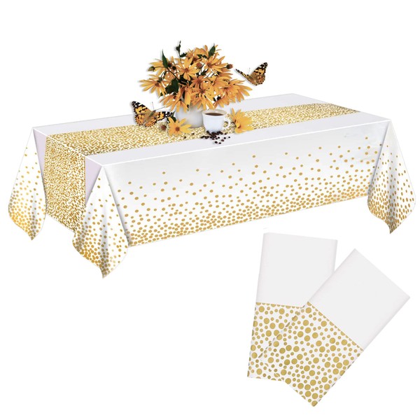 MOLFUJ 54" X 108" White and Gold Plastic Tablecloth for
