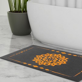 ELEVAVIDA Bath Mat 100% Cotton 45 x 80 cm - 1000 g/m² - Bath Mat Grey Anthracite with Mandala in Orange - Soft, Absorbent, Machine Washable, Quick-Drying - Shower Mat for Bath Room