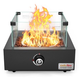 Onlyfire Tabletop Gas Fire Pit with Glass Wind Guard and Lava Rocks, Portable Outdoor Smokeless Fireplace, Side-Mounted Propane Firepit for Patio Backyard Bonfire Party, Black, FP038