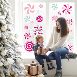 JarThenaAMCS Christmas Window Cling Pink Green Candy Window Sticker Xmas Reusable PVC Window Decal for Winter Glass Mirror Decor, 9 Sheets