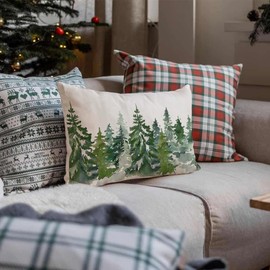 AACORS Christmas Pillow Cover 12x20 Inch Watercolor Teal Tree Decoration Holiday Farmhouse Pillow Case Nature Forest Decor for Home Sofa Couch (Dark Green) AA286-12
