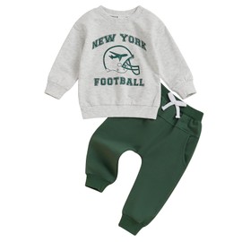 AHUGHAUE Toddler Football Fans Clothes Jets Football Print Long Sleeve Sweatshirt Jogger Pants 2Pcs Set Fall Sport Outfit (Light Grey, 12-18 Months)