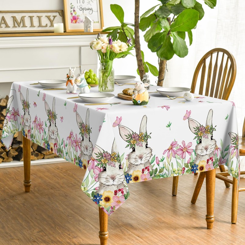 Horaldaily Easter Tablecloth 52×70 Inch, Spring Flower Bunny Washable Table