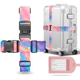 Metamorisy,Luggage straps with locks,Cross suitcase straps with luggage labels,Suitable for large suitcases,Pink luggage belt (Pink)