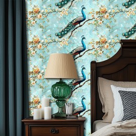 HOMETITUTE Peacock Wallpaper Peel and Stick Floral Blue Contact Paper Wall Paper Stick 17.7" x 118.1" Self Adhesive Vinyl Wall Covering for Bedroom Living Room Accent Decor
