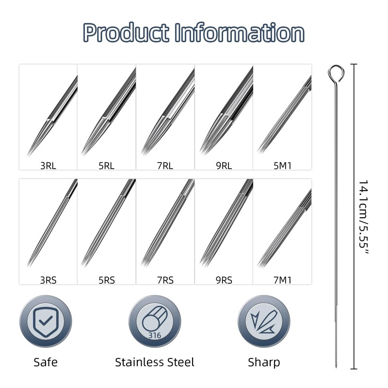 ATOMUS 100Pcs Disposable Tattoo Needles Mixed 3RL 5RL 7RL 9RL