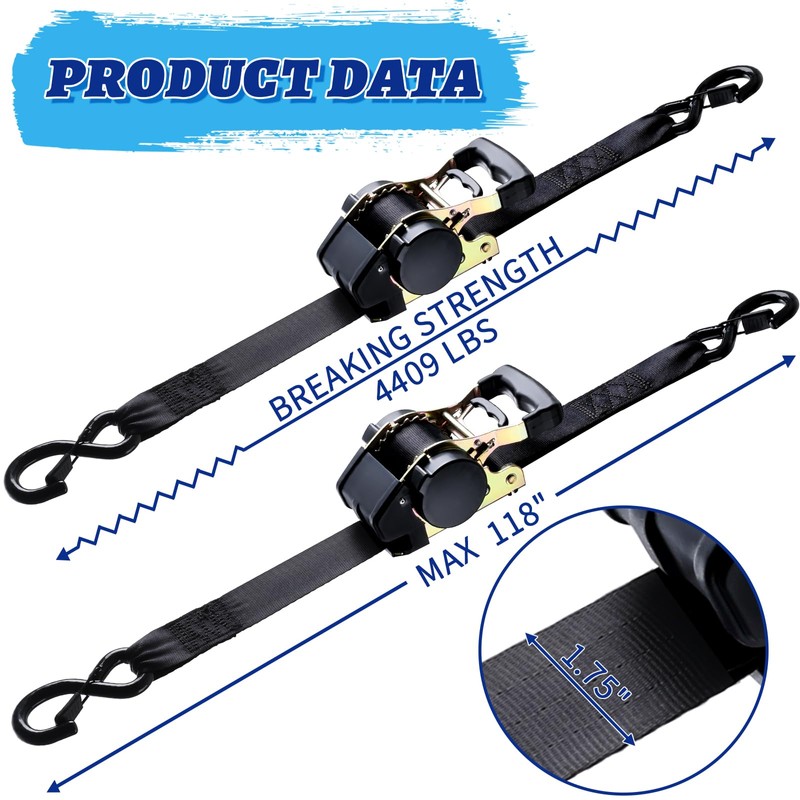 ANLULOAD Retractable Ratchet Strap,（1.77In*9.84Ft） S Hook Retractable Tie Down Strap