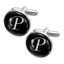 sourcing map 2Pcs Initial Cufflinks, Iron Classic Round Alphabet Letter Cuff Links for Men Business Groom Wedding Party Birthday (Black/White, Letter P)