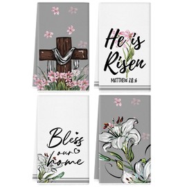 QIONG MENG Easter Kitchen Towels Set of 4 He is Risen Cross Flowers Dish Towels Hand Towel for Kitchen Bathroom Decoration 18x26 Inch