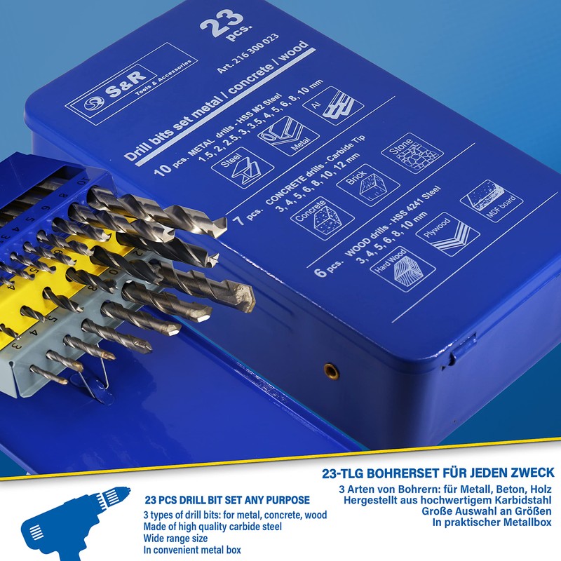 S&R drill bit set, 15-piece, 23 pieces, in plastic box