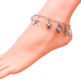 Ocean Themed Anklet, Stainless Steel with Extension Chain, Shell Turtle Seahorse Crab Starfish Charms, Adjustable Size : 9.25-11.25 inches