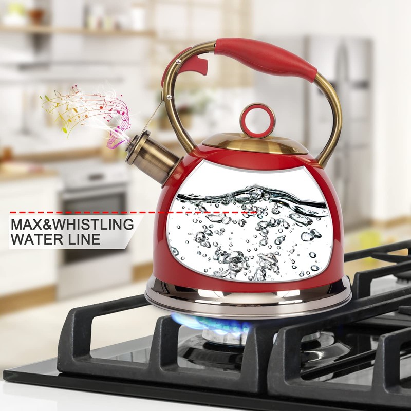 Tea Kettle, Stovetop Whistling Teapot, Stainless Steel, Red, 3.0-Quart