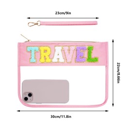 Hmxpls Chenille Letter Bag, Clear Flat Pouches with Zipper, Clear Makeup letter Bag, Multi-purpose Nylon Clear Cosmetic Bags, Clear Pouch Bag for Travel, Gym, Beach (Pink-Travel)