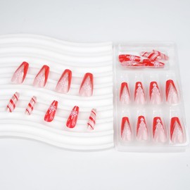 TULOBI Christmas Press on Nails Coffin Medium Fake Nails Red French V-shaped False Nails Christmas with White Snowflake Antelope Designs Stripe Christmas Nails 24Pcs