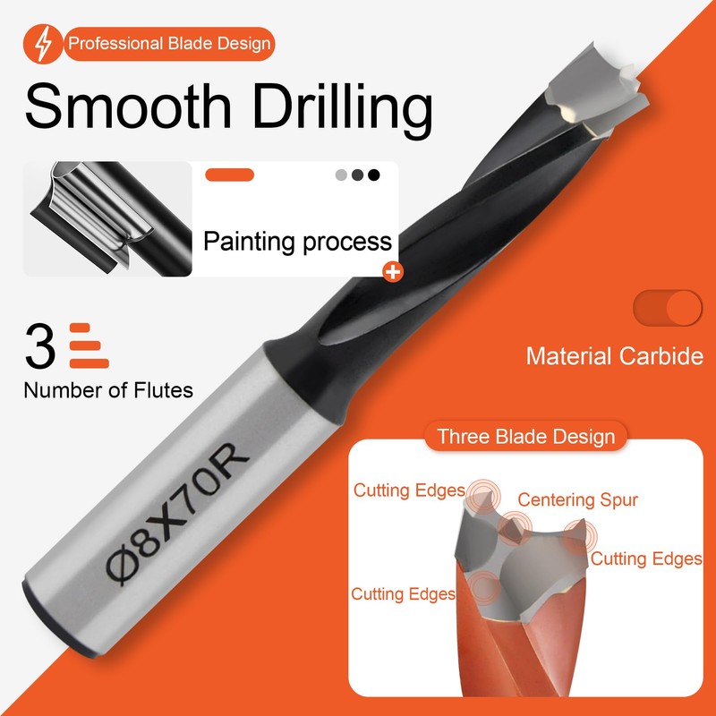 TANOMATE 8mm Diameter Carbide 3 Flute Drills Brad Point Boring
