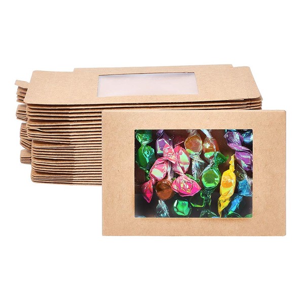 BENECREAT 30pcs Brown Kraft Paper Gift Box with Transparent PVC Window Rectangle Folding Wedding Chocolate Candy Favours Packaging Box, 12.5 x 8.5 x 1.5 cm