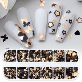 12 Grids Nail Art Glitter Black Gold Nail Sequins Designs Butterfly Stars Rabbit Flower Nail Confetti Supplies for Women DIY Manicure Nails Flakes Accessories (Gold Black)