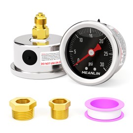 MEANLIN MEASURE 0~30Psi Stainless Steel 1/8" BSP 1.5" FACE DIAL, Glycerin Filled Pressure Gauge, Liquid Filled, Back Mount(Black) with 1/4" BSP and 3/8" BSP Hex Bushing