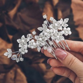 Unicra Bride Wedding Hair Comb Silver Flower Hair Accessories Pearl Bridal Headpiece for Women and Girls