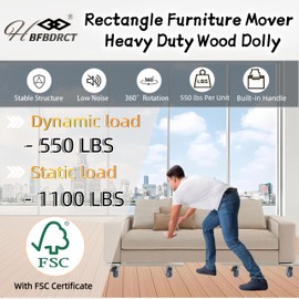 HBFBDRCT Furniture Dolly 4 Wheels, Furniture Movers, 2 Packs 2200 lb Load Capacity Heavy Duty Real Wood Dolly, Multifunctional Moving cart with 4 Soft Rubber Silent Wheels （2 with Brake+ 2 Without）